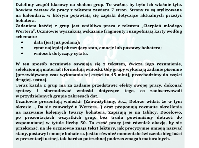 CIERPIENIA MŁODEGO WERTERA-KILKA POMYSŁÓW NA LEKCJE Z DZIEŁEM GOETHEGO
