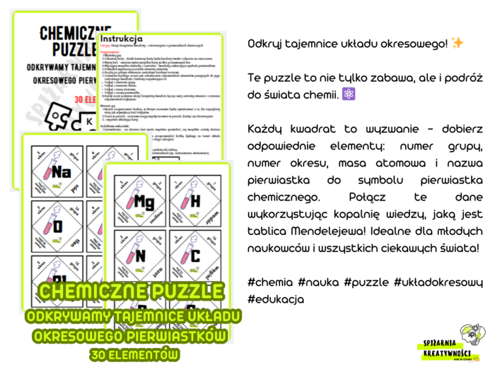 CHEMICZNE PUZZLE - ODKRYWAMY TAJEMNICE UKŁADU OKRESOWEGO PIERWIASTKÓW - 30 pierwiastków