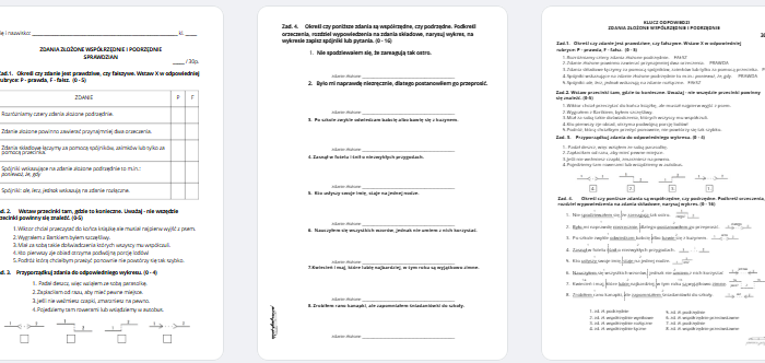 Zdania złożone współrzędnie i podrzędnie - sprawdzian + klucz odpowiedzi