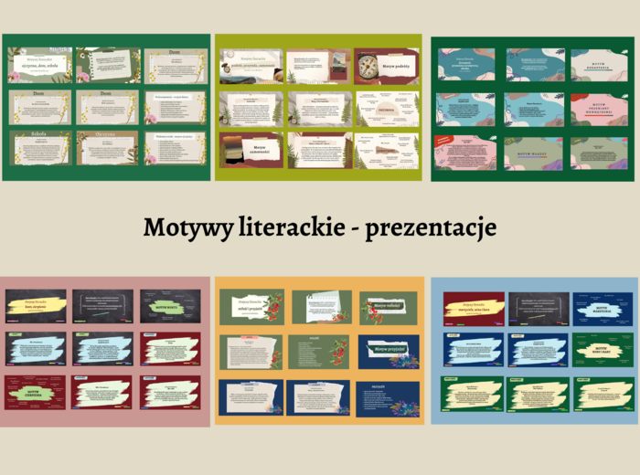 MOTYWY LITERACKIE - ZESTAW 6 PREZENTACJI - 15 motywów - 180 slajdów - lektury kl. 7-8, EGZAMIN - powtórzenie - 30% taniej + karty pracy