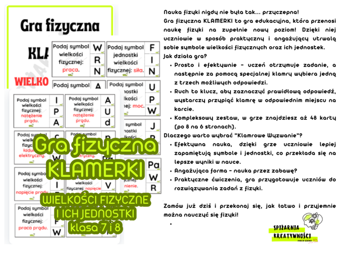 Gra fizyczna KLAMERKI WIELKOŚCI FIZYCZNE I ICH JEDNOSTKI klasa 7 i 8