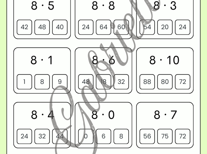 Karta pracy - mnożenie przez 6,7,8 oraz 9.