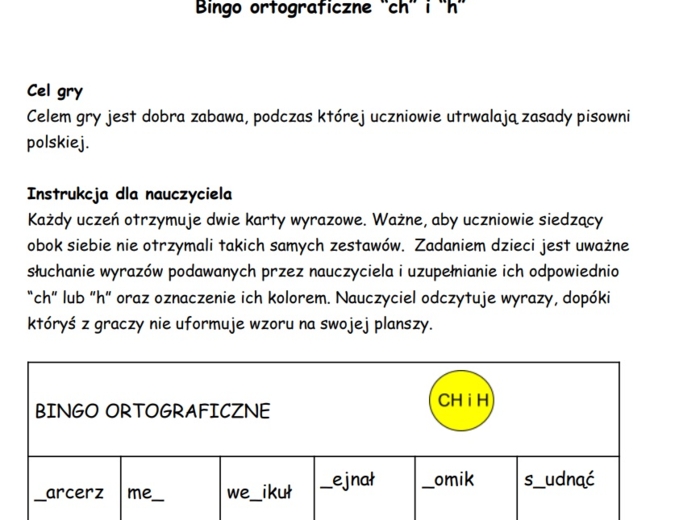 Bingo ortograficzne "ch" i "h"