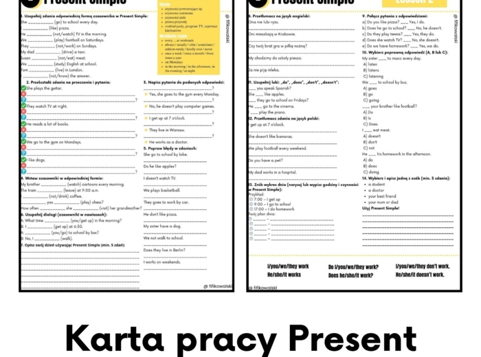 Karta pracy – Present Simple (z kluczem odpowiedzi)