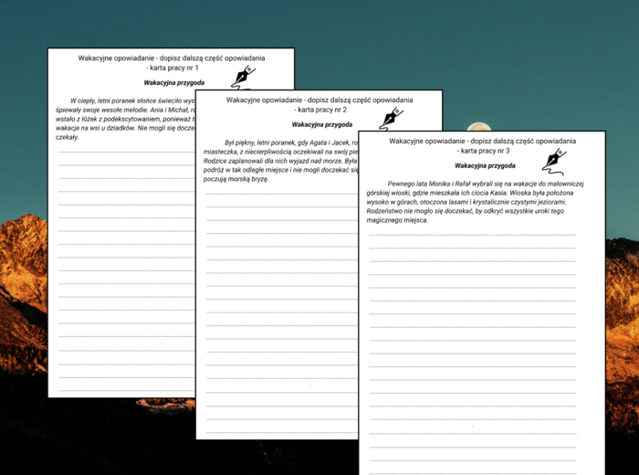 Wakacyjna przygoda - OPOWIADANIE – karta pracy – ćwiczenia redakcyjne – wakacje – lato - 3 wersje