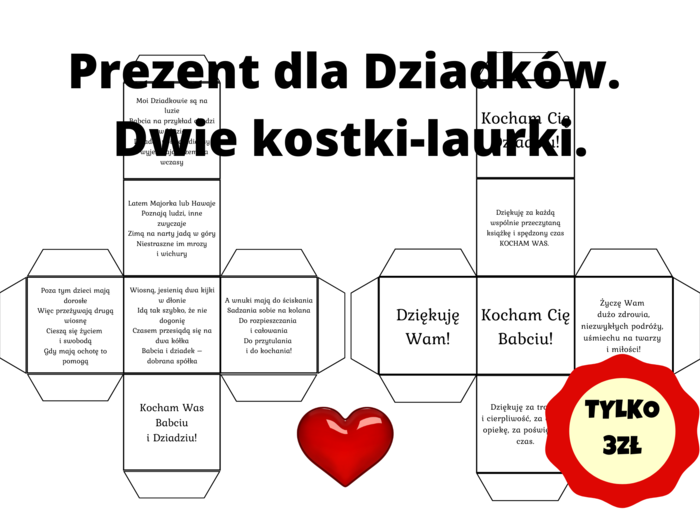 Prezent z okazji Dnia Babci i Dziadzia - kostka - wydrukuj, pokoloruj - niezwykła laurka
