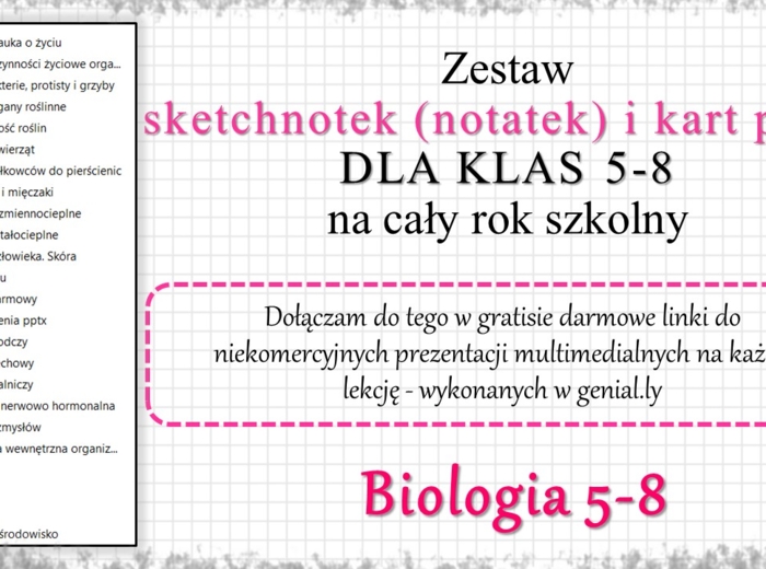 Ogromny zestaw sketchnotek i kart pracy + gratisowe linki do prezentacji multimedialnych niekomercyjnych wykonanych w genial.ly do indywidualnego pobrania i użycia do celów niekomercyjnych z BIOLOGII do klas 5-8. Materiały wykonane są w programie power p