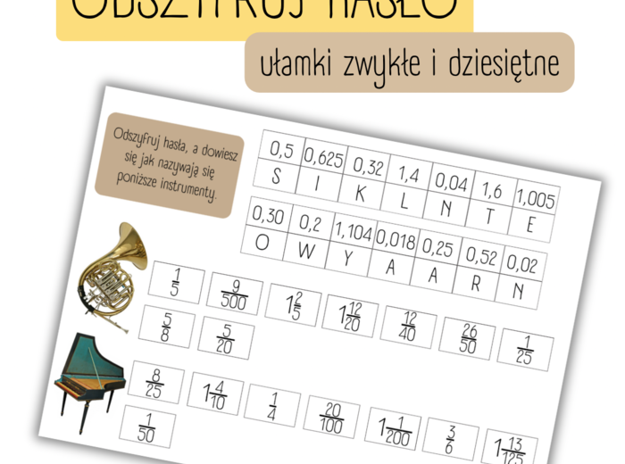 ODSZYFRUJ HASŁO - ułamki zwykle i dziesiętne, zamiana.