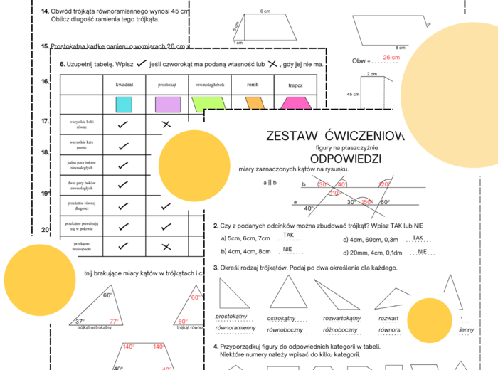 Zestaw powtórzeniowy. Karta pracy. Figury na płaszczyźnie. Geometria. Klasa 5