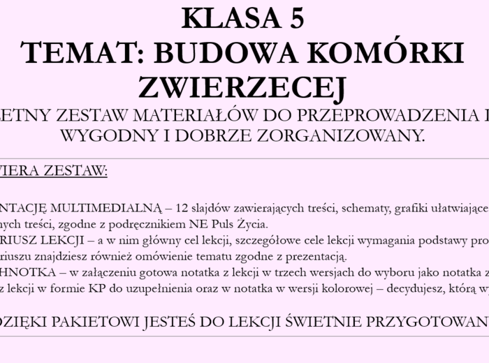 Budowa komórki zwierzęcej - klasa 5 - pakiet