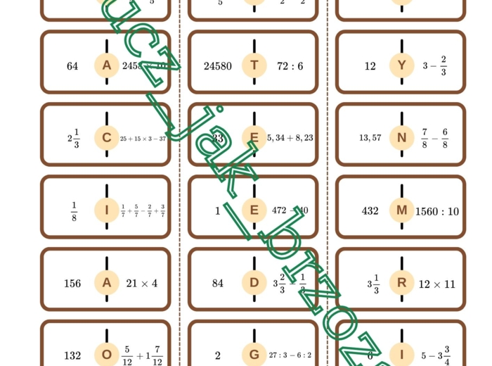 Domino arytmetyczne z hasłem. Pierwsza lekcja matematyki w klasie 5.