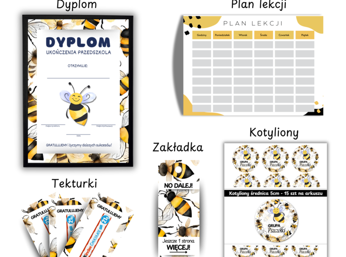 Zestaw na Zakończenie Przedszkola dla grupy pszczółki: Dyplom, plan lekcji, zakładka, tekturka, kotyliony 🩷