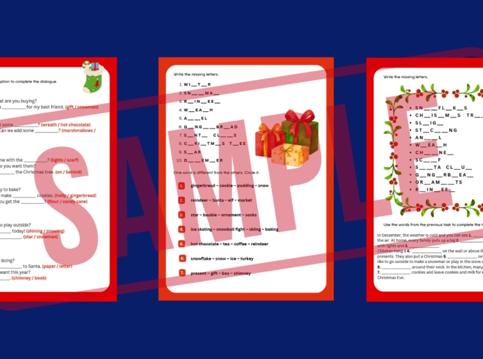 Christmas Games & Activities – Zestaw 35 stron świątecznych materiałów SP 4–6 | Vocabulary, Grammar A1–A2 (odmiana to be, There is / There are, have got / has got, Present Simple, Present Continuous), Reading, Speaking, TABOO, Boardgame, Worksheets i WIĘ
