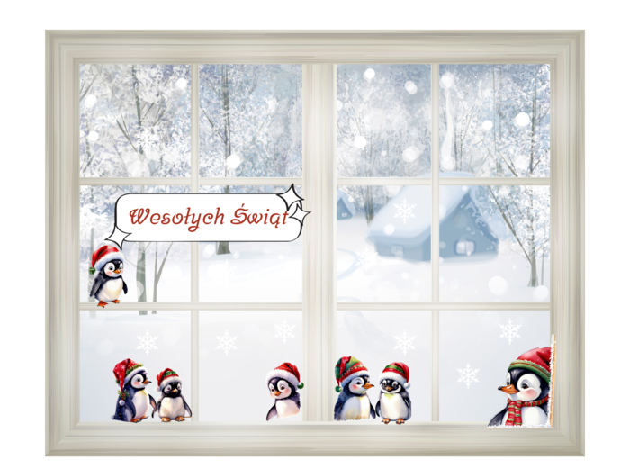 Dekoracja świąteczna bożonarodzeniowa na okno - Pingwinki