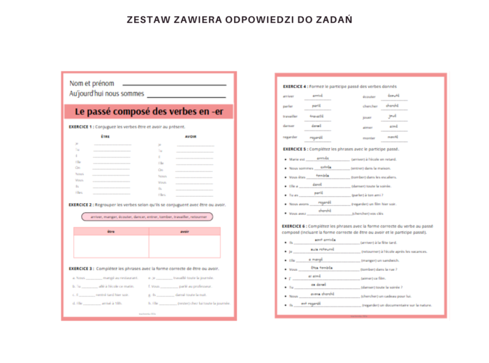 Passé Composé - karty pracy z czasownikami zakończonymi na -er - gramatyka, poziom podstawowy, język francuski