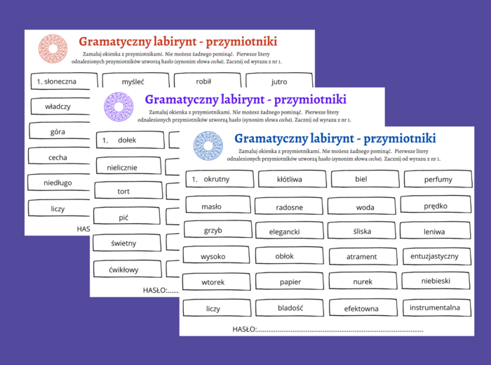 Gramatyczny labirynt - PRZYMIOTNIKI - przymiotnik - części mowy - karta pracy - kl.4-5