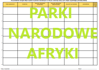 Parki narodowe Afryki - tabela do zadania