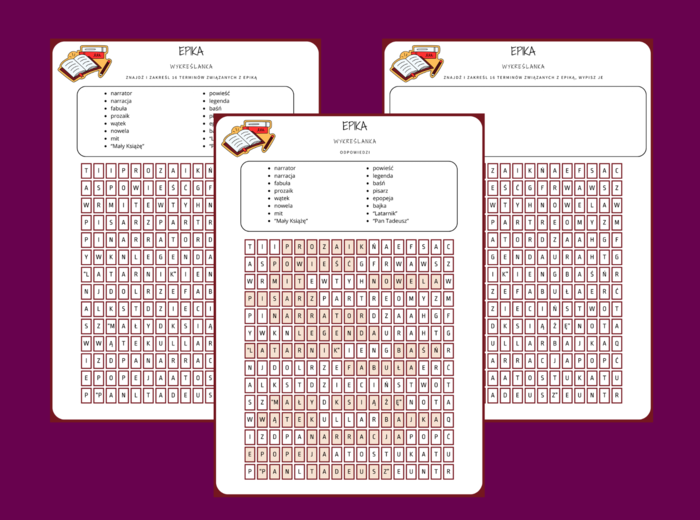 EPIKA - rodzaje literackie - wykreślanka - karta pracy - powtórka - egzamin