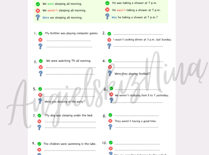 Past Continuous – przekształcanie zdań – ćwiczenia dla początkujących – zdania twierdzące – przeczenia – pytania - karta pracy