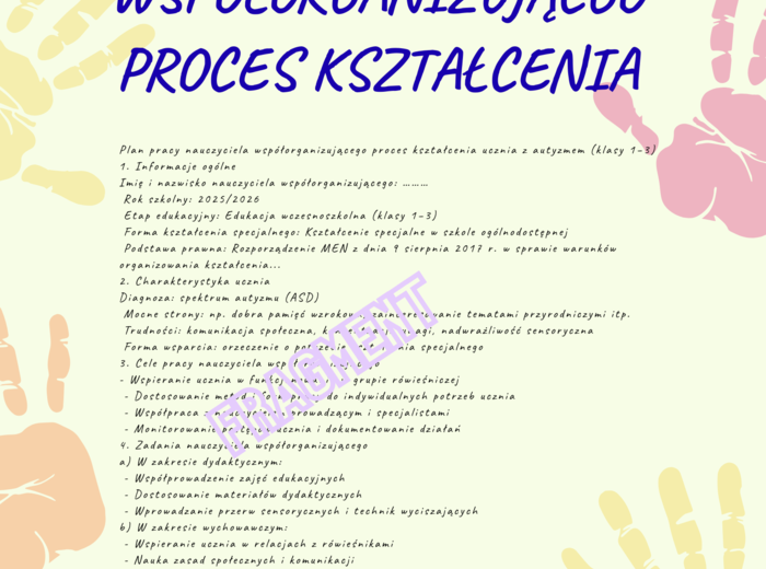 Plan pracy nauczyciela współorganizującego proces kształcenia ucznia z autyzmem (klasy 1–3)
