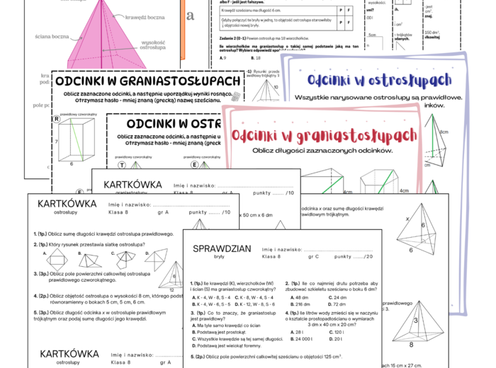 PAKIET - BRYŁY KLASA 8. Graniastosłupy i ostrosłupy.