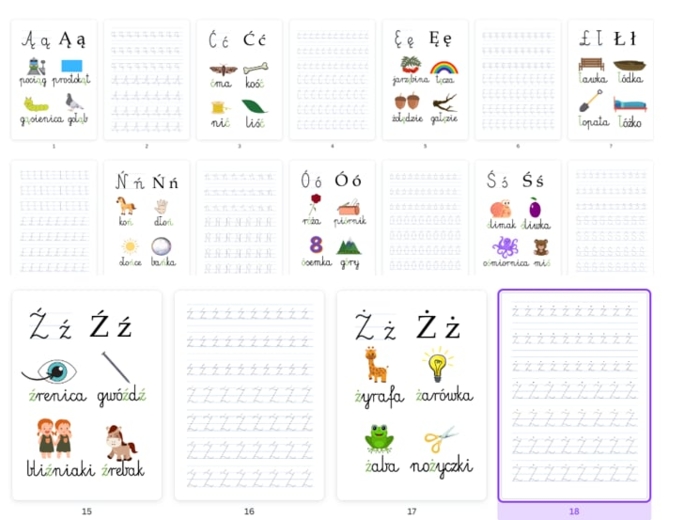 Plansze z literami Ą, Ć, Ę, Ł, Ń, Ó, Ś, Ź, Ż + pisanie po śladzie cz.3