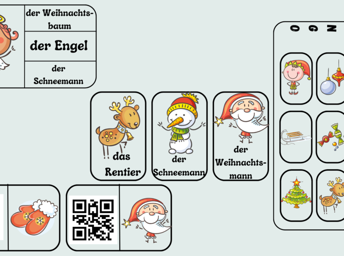 Weihnachten - gry i zabawy tematyczne z języka niemieckiego - wklejka - słownictwo, gry: Ja mam ..., Kto ma, domino z QR-kodami, 1 z 3, bingo