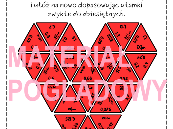 Walentynki - zamiana ułamków zwykłych na dziesiętne - TRIMINO klasa 4, 5, 6, 7, 8
