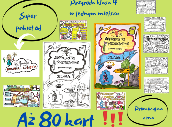 Pakiet materiałów z przyrody do klasy 4, cały rok w jednym zestawie (aż 80 kart!!! 40 kolorowych wklejkę do zeszytu, 40 kart pracy do uzupełnienia dla ucznia)