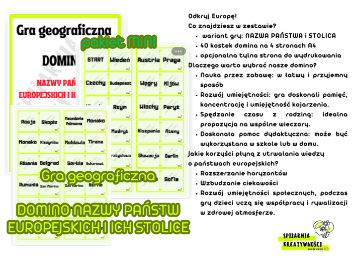 Gra geograficzna DOMINO NAZWY PAŃSTW EUROPEJSKICH I ICH STOLICE pakiet MINI