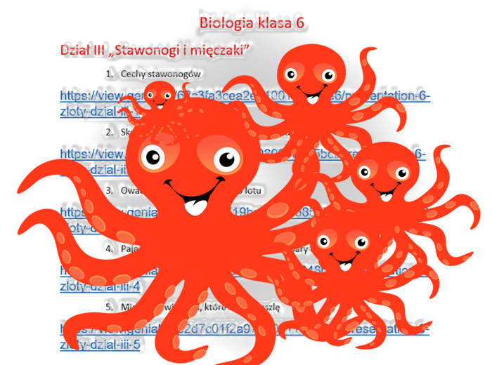Zestaw 5 prezentacji multimedialnych w genial.ly z biologii do klasy VI. Dział III „Stawonogi i mięczaki” – według wydawnictwa Nowa Era