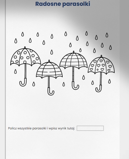 Karty pracy: kolorowanki z deszczem, parasolkami, dziećmi w kaloszach.