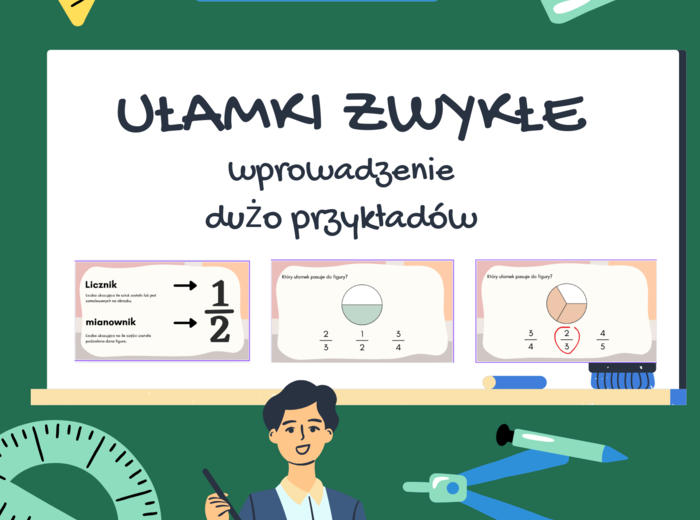 📘 Ułamki zwykłe – prezentacja do wprowadzenia tematu ( dużo przykładów)
