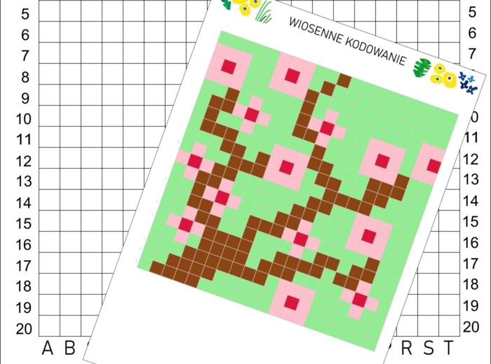 Wiosenne kodowanie- jabłoń- karta pracy, kodowanka, wiosna, Wielkanoc