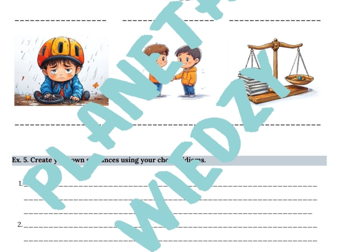 Najpopularniejsze angielskie idiomy – Karta pracy dla uczniów, Ćwiczenia zwrotów - język angielski, (poziom A2, szkoła podstawowa), PDF do druku