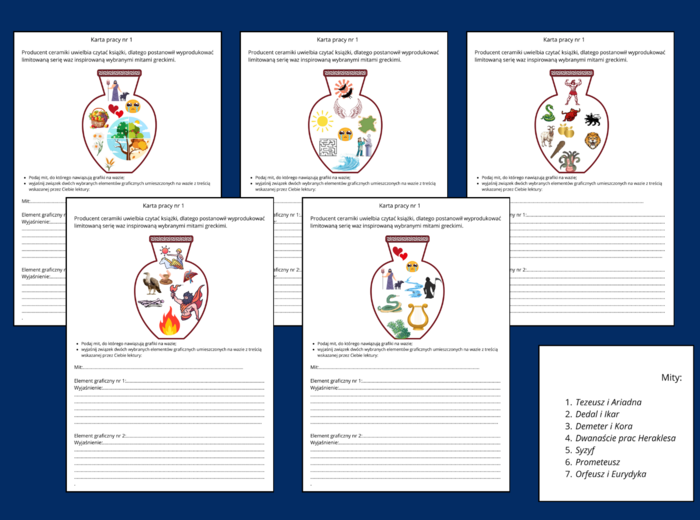 MITY GRECKIE - mitologia – ikonki – powtórzenie – powtórka – egzamin – karta pracy – karty pracy – 7 szt. – zestaw