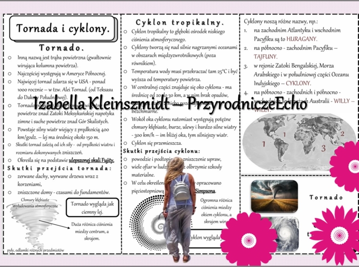Sketchnotka/książeczka/notatka/wklejka/ściąga dla ucznia i przypomnienie dla nauczyciela/edukacja domowa. Temat „Tornada i cyklony tropikalne w Ameryce Północnej”. Materiał w pdf. Geografia 8, dział „Ameryka Północna i Południowa”. Nowość 2024/2025.