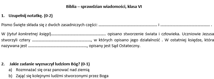 Biblia - sprawdzian klasa 6