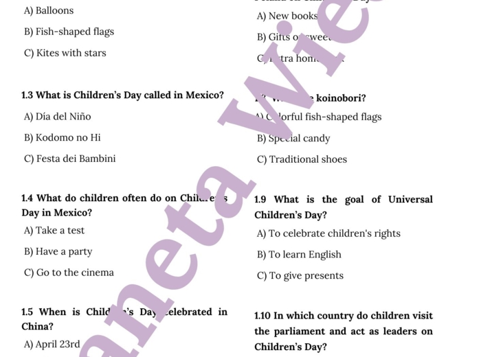 KARTA PRACY NA DZIEŃ DZIECKA – CHILDREN’S DAY WORKSHEET, KLASY 4-8 SZKOŁY PODSTAWOWEJ- QUIZ - DZIEŃ DZIECKA W RÓŻNYCH KRAJACH, WYKREŚLANKA, OPISZ SWÓJ WYMARZONY DZIEŃ DZIECKA + ODPOWIEDZI