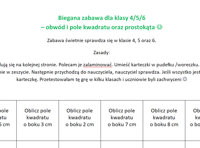 Biegana zabawa. Pole, obwód prostokąta oraz kwadratu. Klasa 4/5.