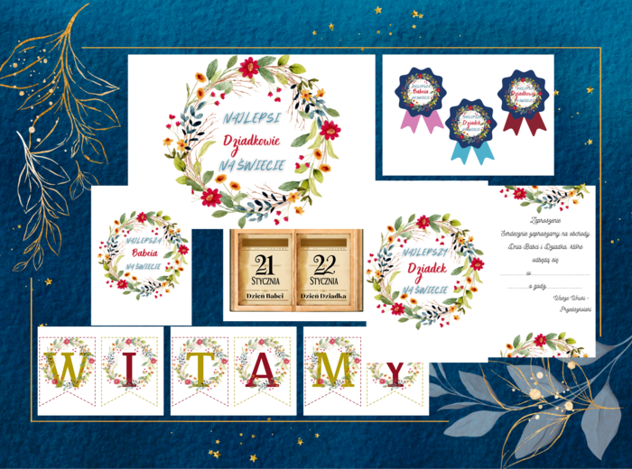 Dzień Babci i Dziadka (dekoracje, girlanda, zaproszenie, order dla najlepszych dziadków)