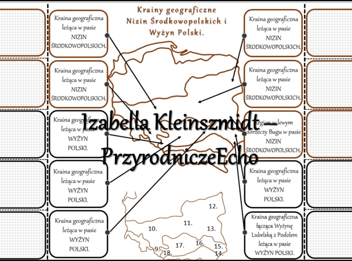 Notatka okienkowa/stacja zadaniowe/notatka interaktywna/notatka graficzna/karta pracy/sketchnotka „Krainy geograficzne na mapie Polski”, „Ukształtowanie powierzchni Polski” w pdf do SP. Geografia 7, dział „Środowisko przyrodnicze Polski”. Materiał wykona