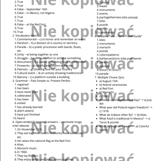 Independence Day throughout the World - czytanka B1/B2