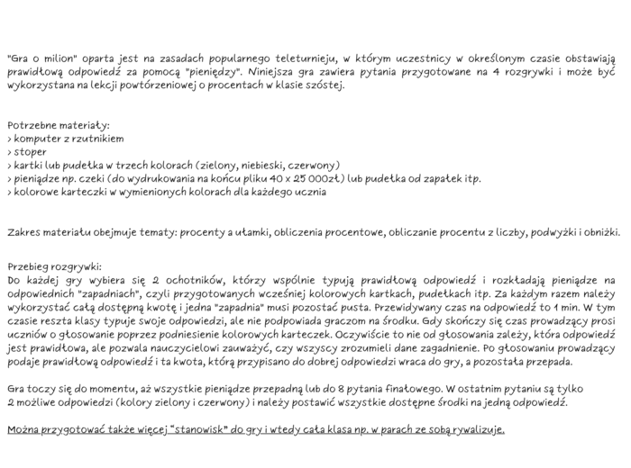 Gra o milion. Powtórzenie wiadomości z działu PROCENTY klasa 6.