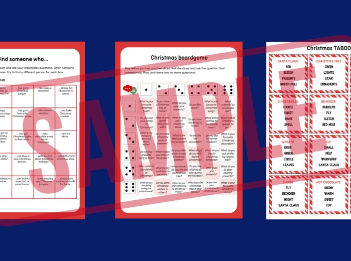Christmas Games & Activities – Zestaw 35 stron świątecznych materiałów SP 4–6 | Vocabulary, Grammar A1–A2 (odmiana to be, There is / There are, have got / has got, Present Simple, Present Continuous), Reading, Speaking, TABOO, Boardgame, Worksheets i WIĘ