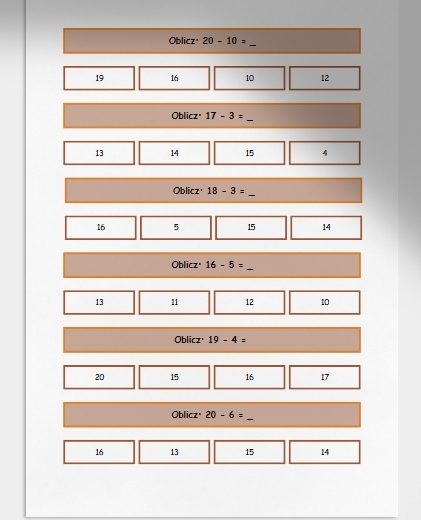 Odejmowanie w zakresie do 20. Karta pracy. Sprawdzian