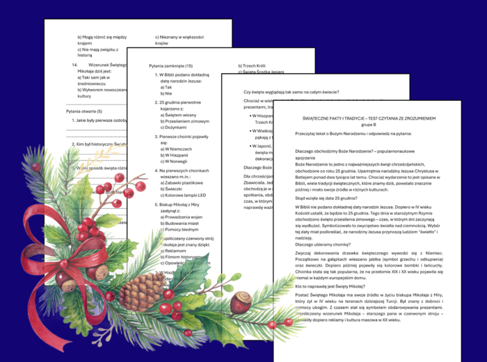 🎄Świąteczne fakty i tradycje – test dla klas 4–6 - 🌟Boże Narodzenie - CZYTANIE ZE ZROZUMIENIEM - 2 grupy + odpowiedzi