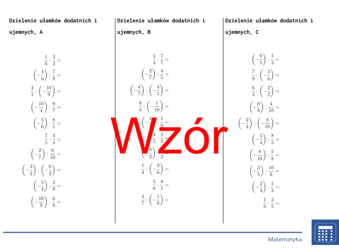 Dzielenie ułamków dodatnich i ujemnych | matematyka | 26 kolumn