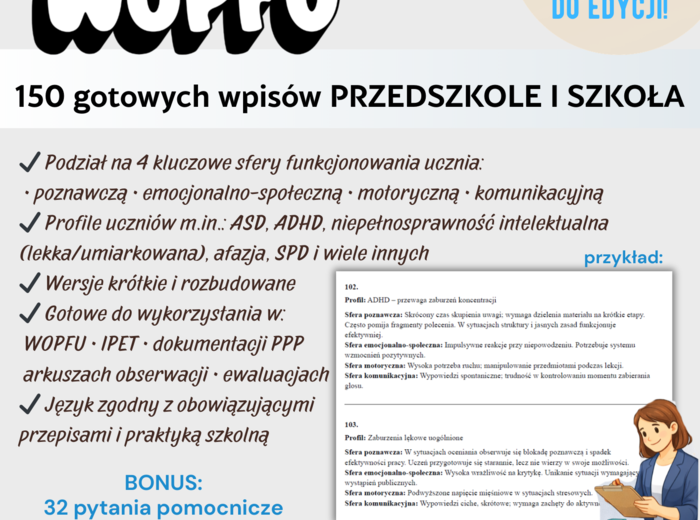 150 GOTOWYCH ZAPISÓW DO WOPFU – PRZEDSZKOLE I SZKOŁA Profesjonalne wpisy