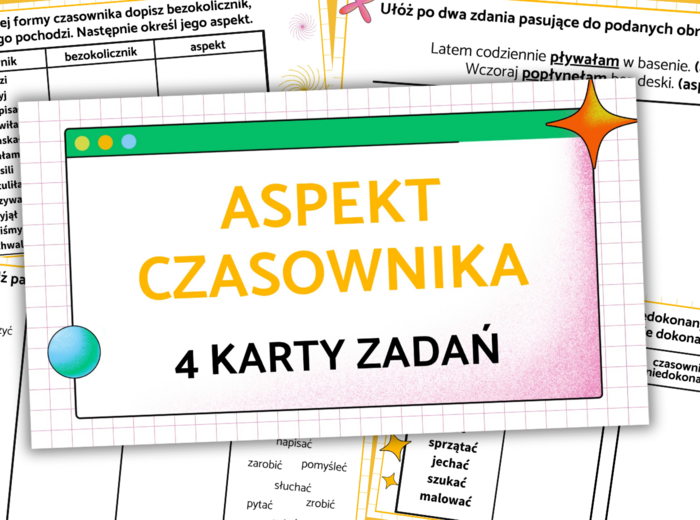 Aspekt czasownika - czasownik - stacje zadaniowe - zestaw - cztery karty pracy